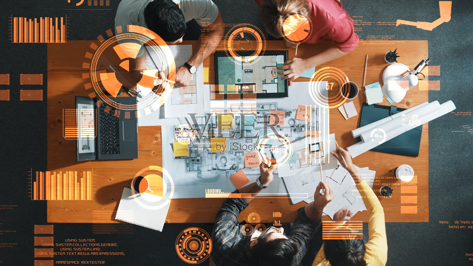 自顶向下的土木工程师规划图和图纸。研讨会。照片摄影图片