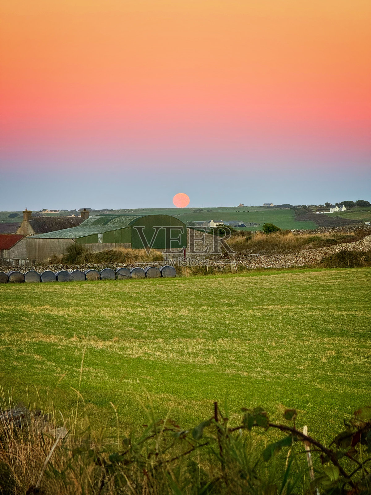 丰收的超级月亮从爱尔兰西科克的地平线升起照片摄影图片