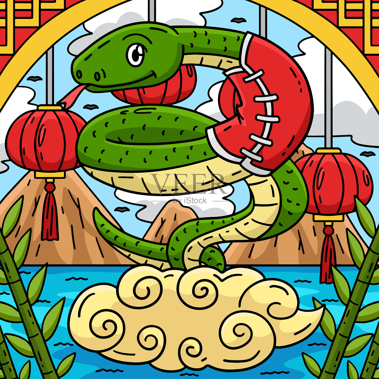 云上蛇年彩图插画图片素材