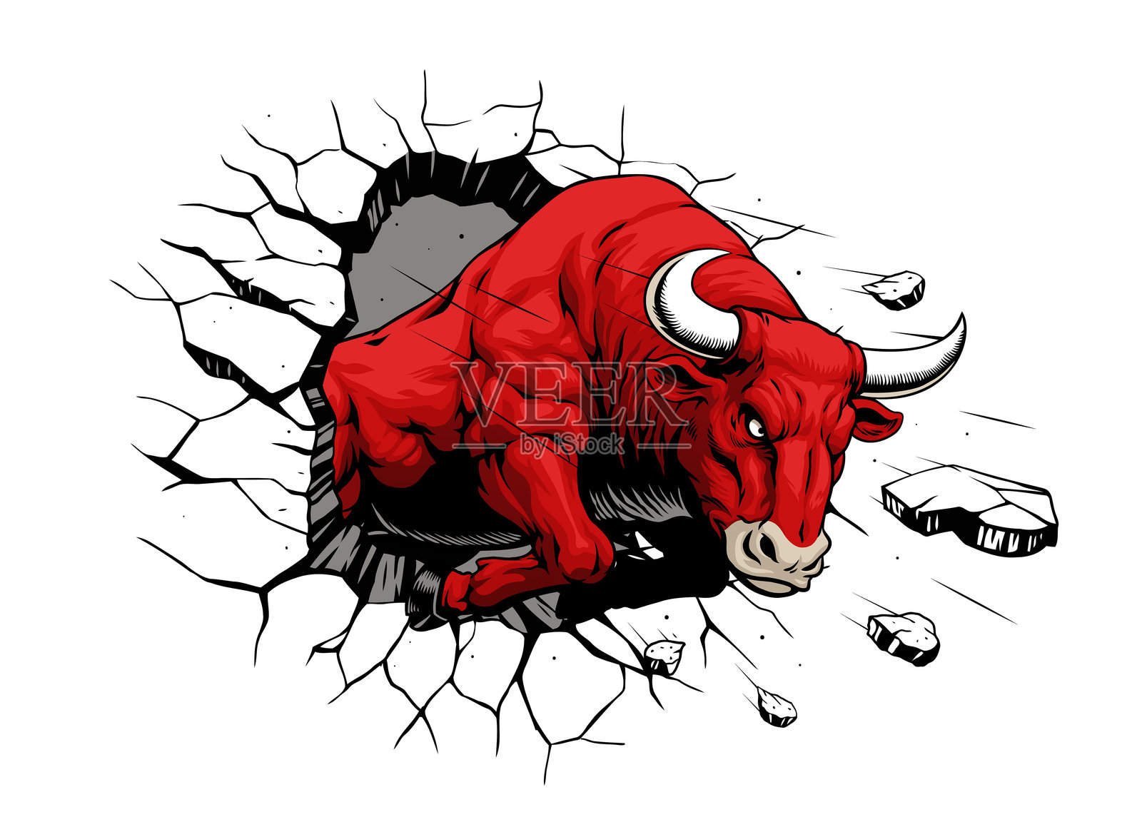 公牛破墙而出的手绘插画插画图片素材