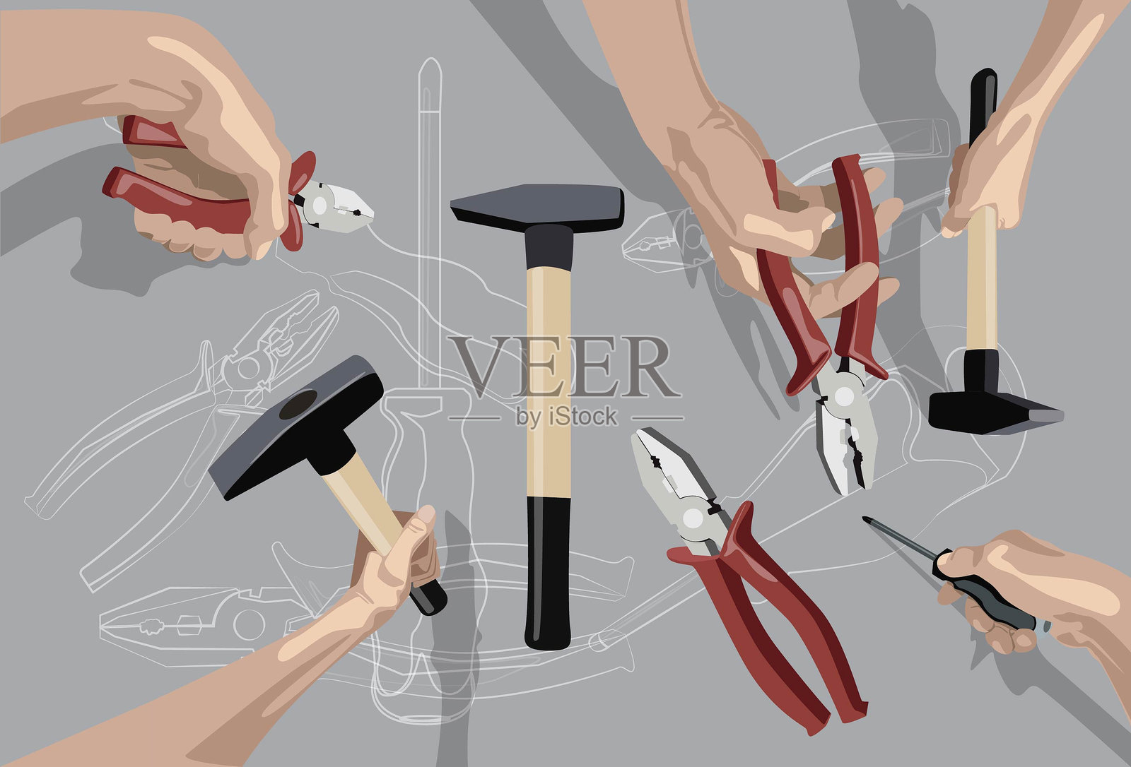 手握工具。灰色的背景。矢量插图。修复工具。钳子,螺丝刀,锤子。工具的线条图标。插画图片素材