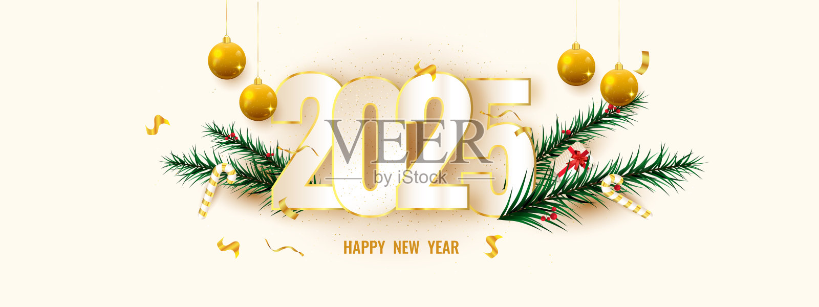 2025新年快乐的背景与节日圣诞饰品。插画图片素材