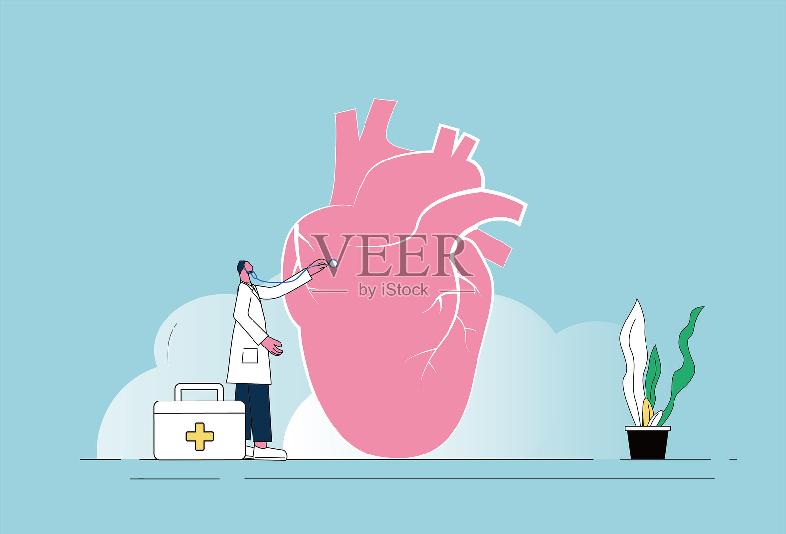 男医生用听诊器检查心脏。插画图片素材