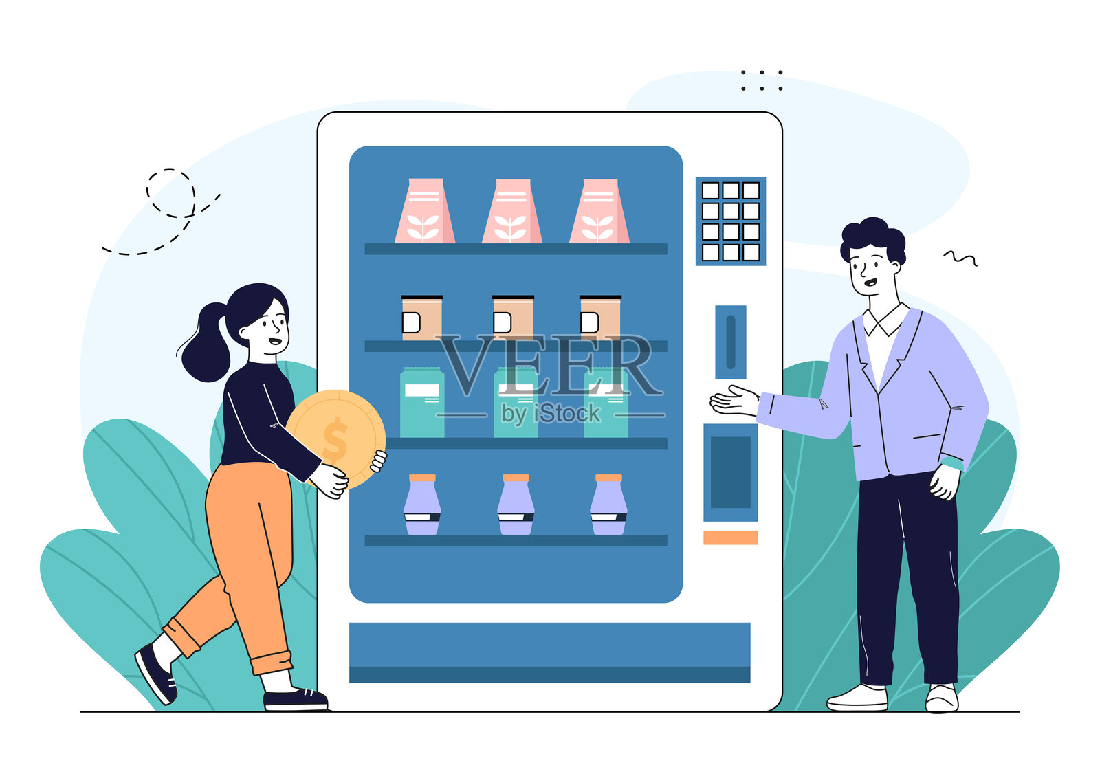 一个男人和一个女人在自动售货机前。人们买零食和苏打水。甜点和美味佳肴自动分配器。买者打折。线性向量图解插画图片素材