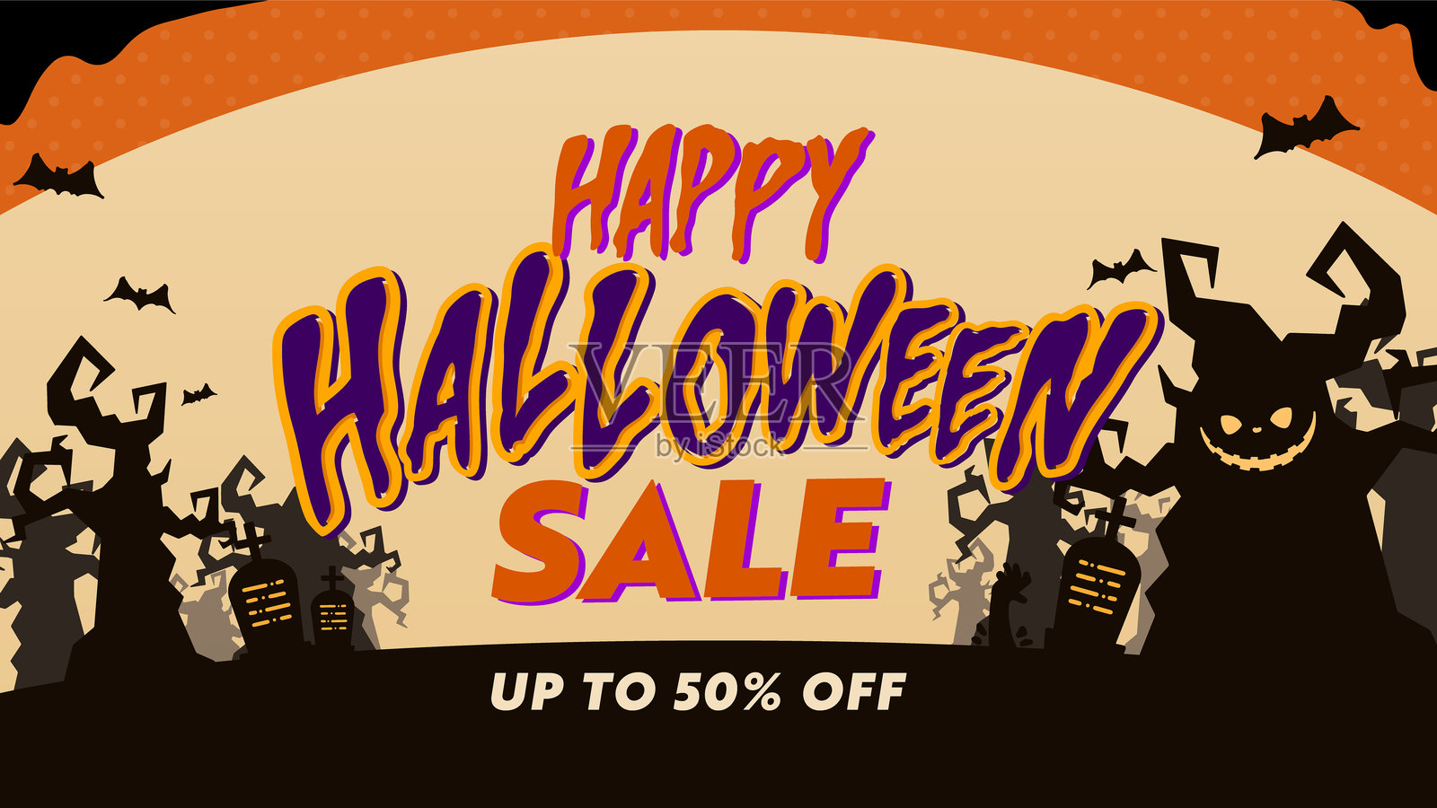 万圣节促销广告背景模板,装饰有幽灵般的森林,蝙蝠和坟墓(橙色)插画图片素材