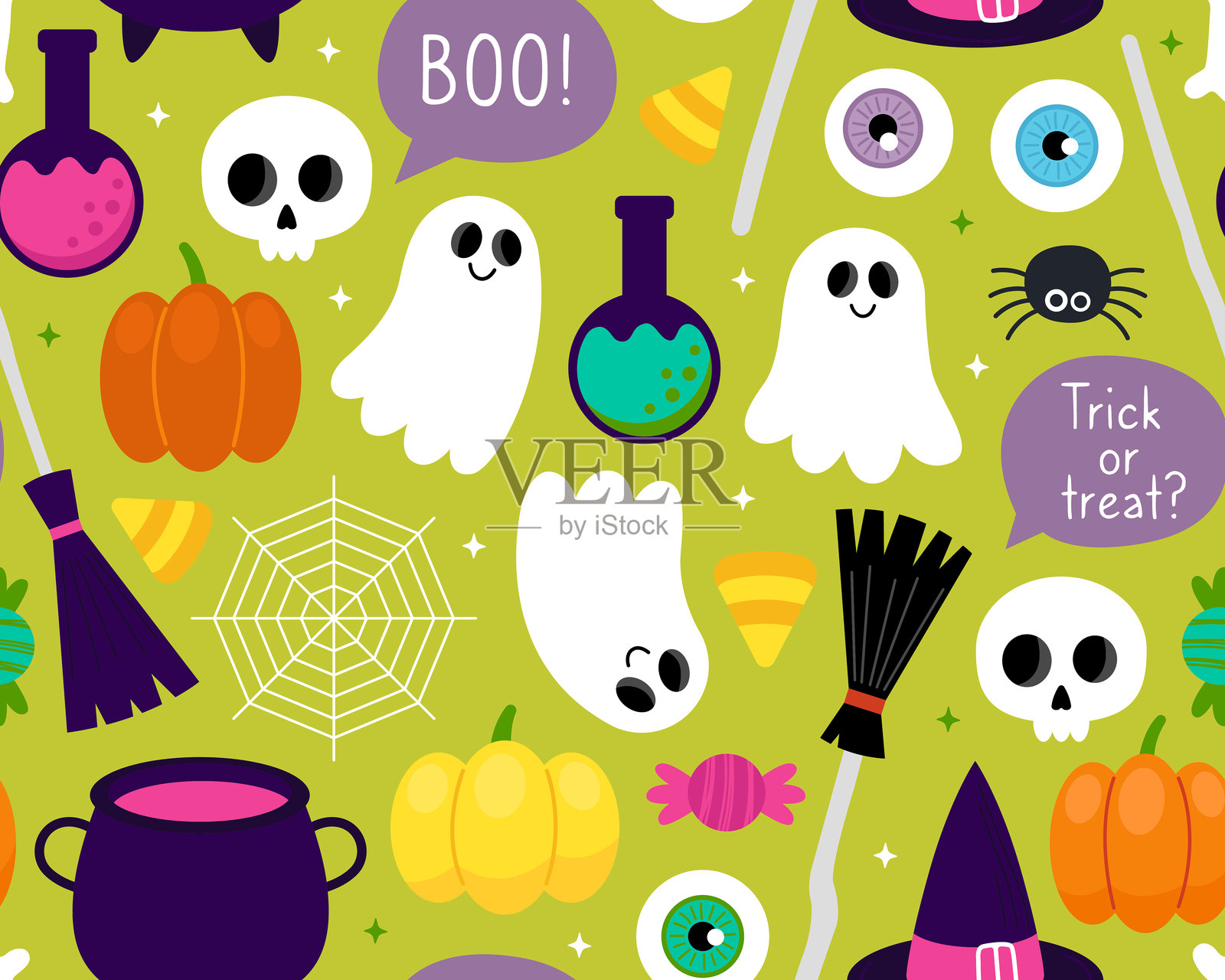 万圣节无缝图案。神奇的万圣节卡通插图绿色背景。插画图片素材