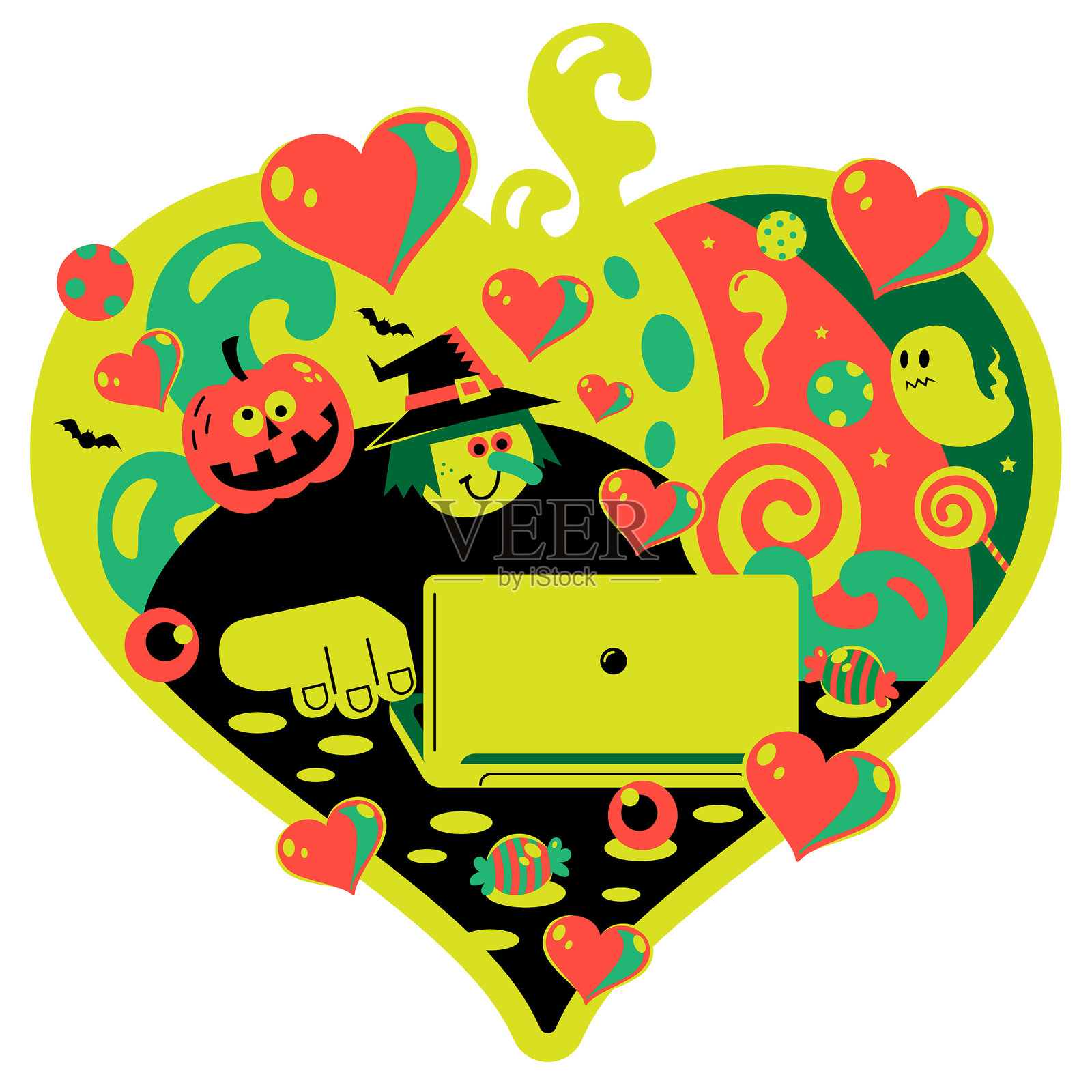 爱与怪物:女巫在笔记本电脑后,万圣节符号,南瓜灯、幽灵、蝙蝠、眼球、糖果和棒棒糖,以及爱心插画图片素材