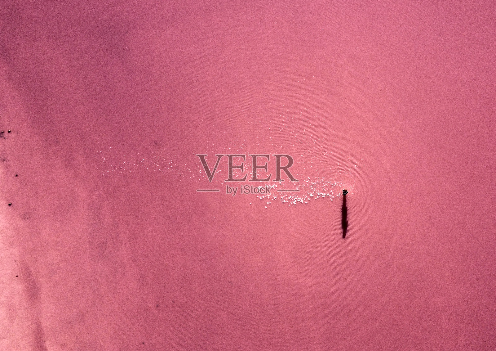 一名女子在粉红色的湖水中跳舞,在她周围激起了涟漪照片摄影图片