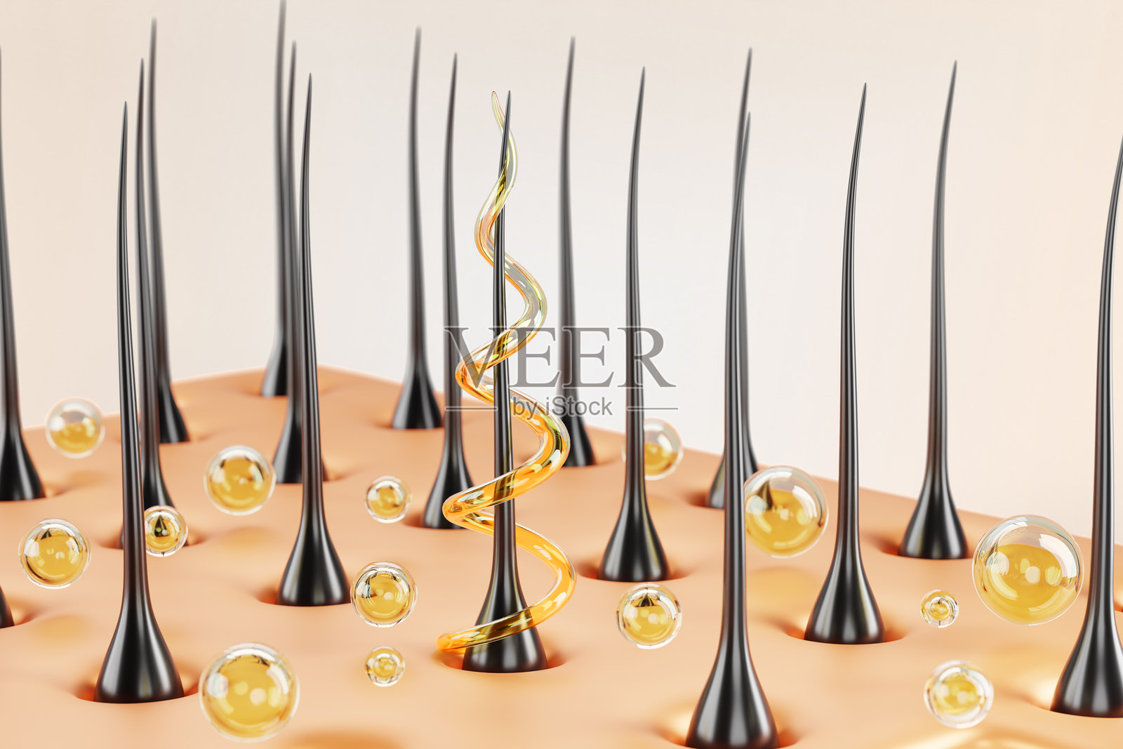 3d护发,头皮与毛囊,金色螺旋漩涡和油滴。角质修复、滋养、治疗。化妆品、精华液或洗发水的黄色液滴呈现横幅照片摄影图片