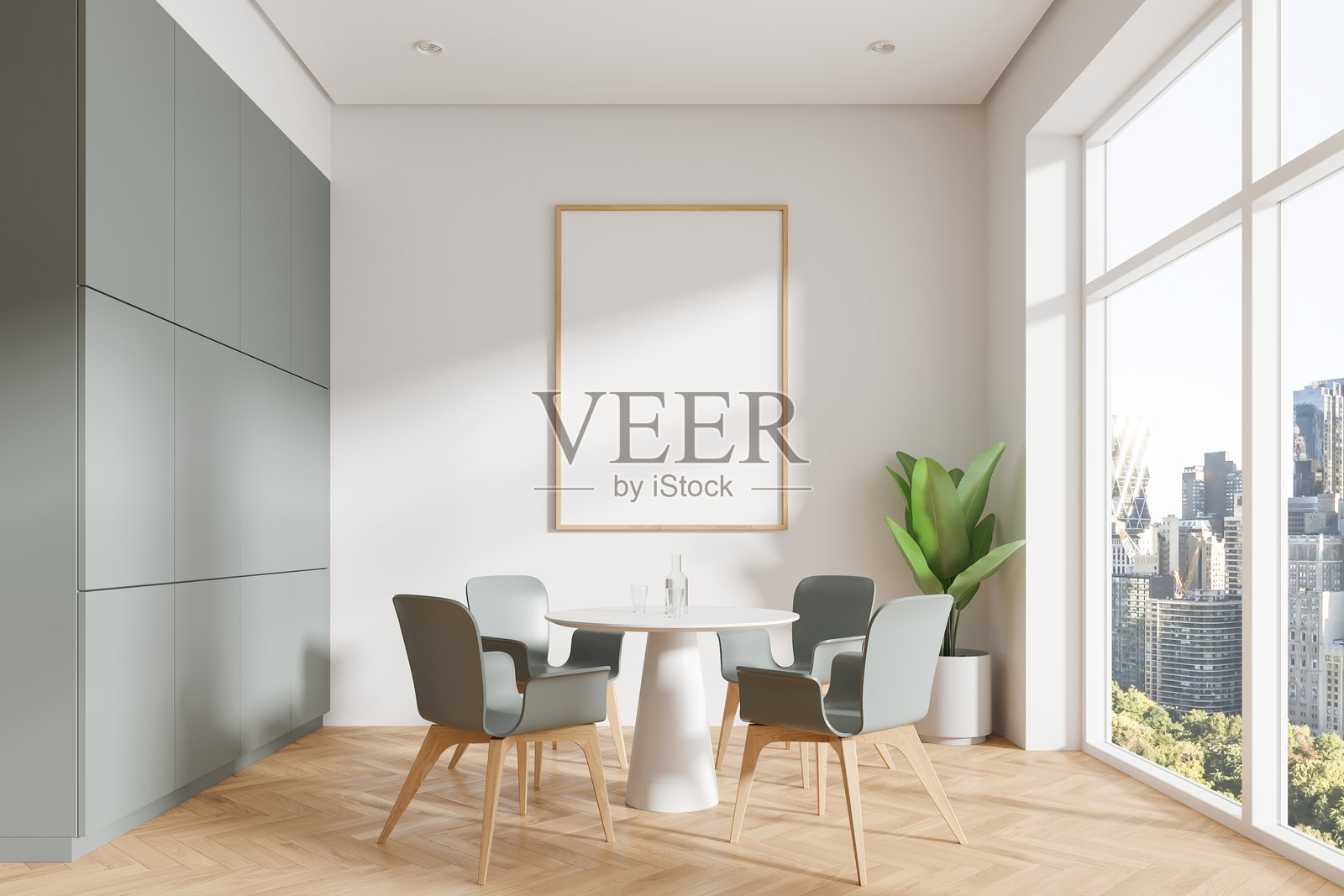 家居客厅室内,配有餐桌和椅子,窗户。样板框架照片摄影图片