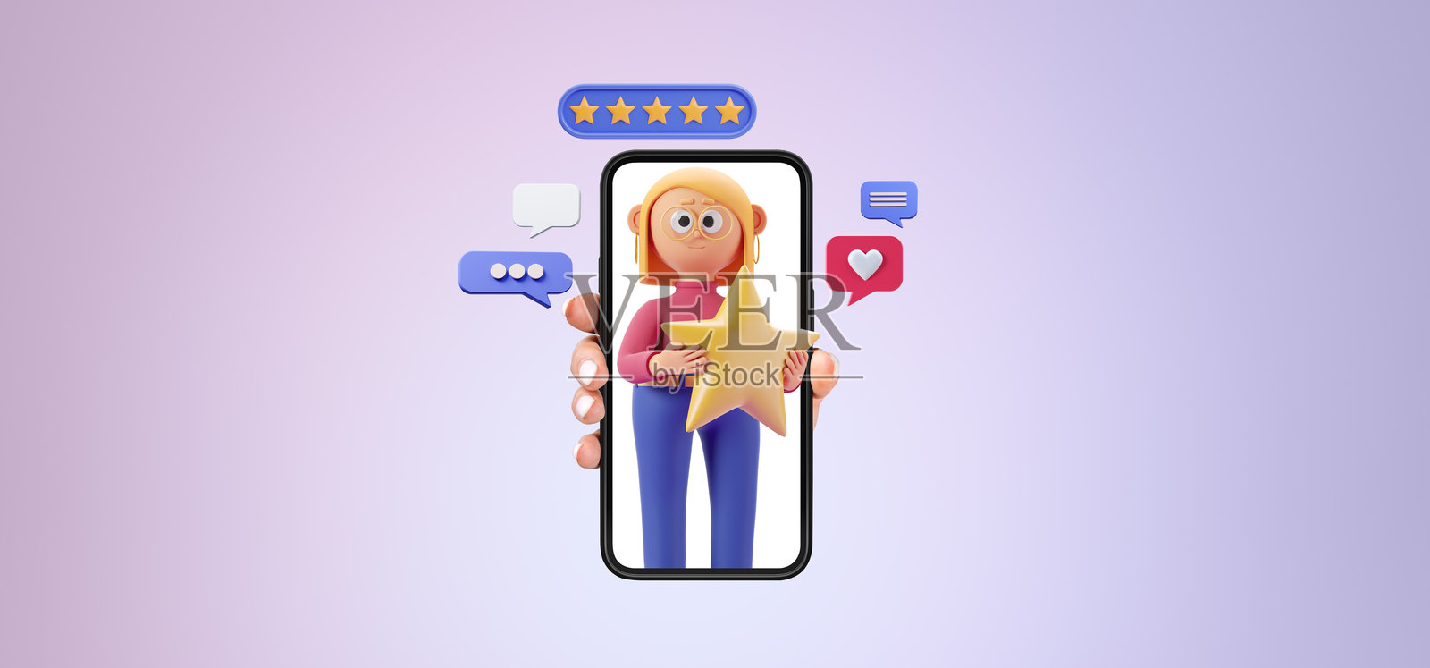女人展示手机屏幕,卡通女人手持星星和反馈图标照片摄影图片