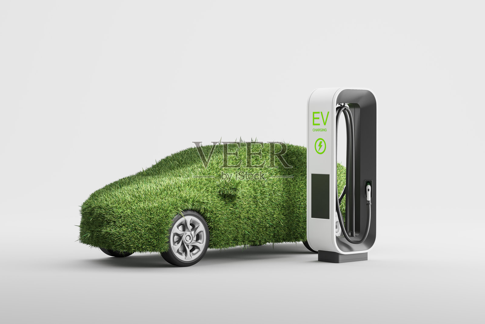 充电站内覆盖着草的电动汽车3D渲染图照片摄影图片