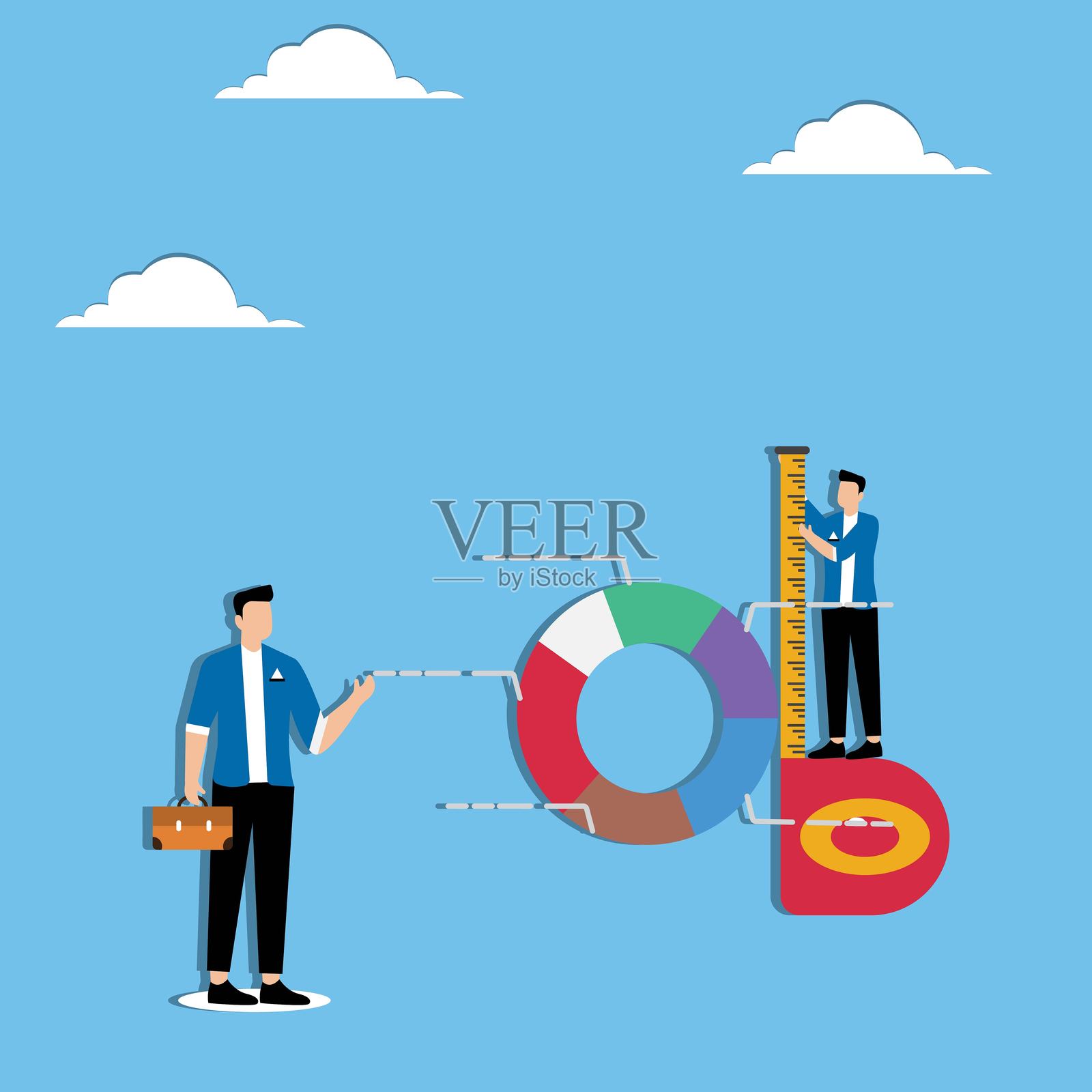关键绩效指标,衡量业务生产力,评估实现预期业务成果的概念,商人用卷尺测量饼图插画图片素材