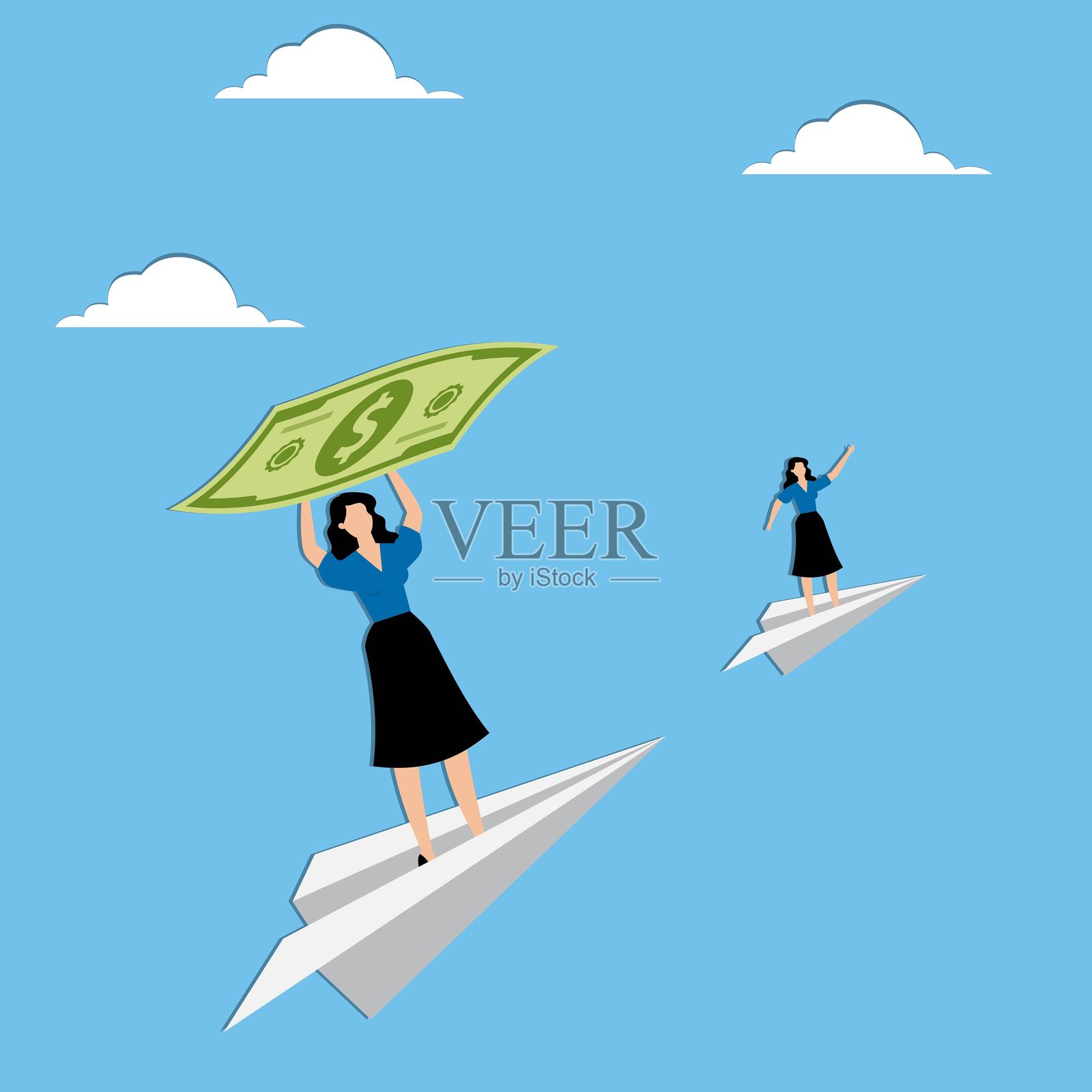 投资商业咨询:女商人乘纸币飞机插画图片素材