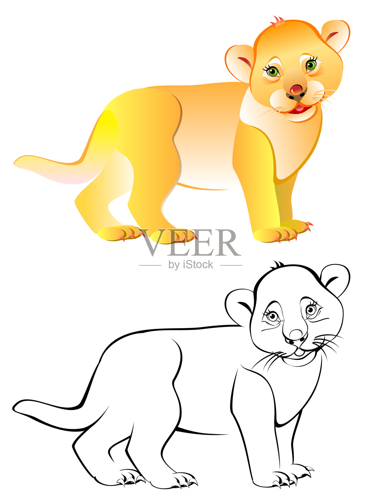 五彩斑斓的黑白小狮子图案,矢量卡通图像。涂色书。儿童活动页。插画图片素材