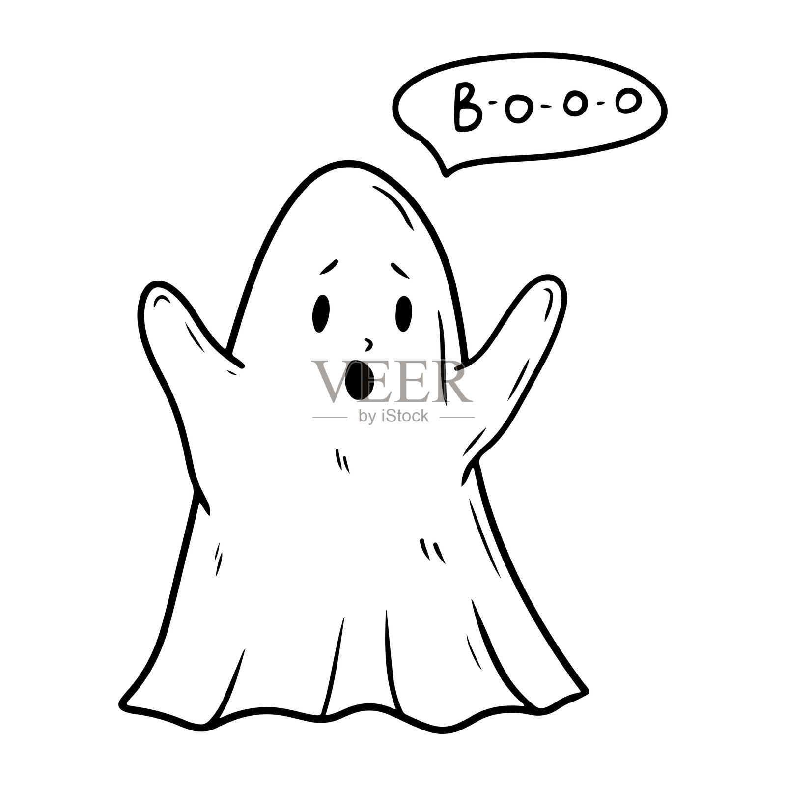 一个吓人的鬼魂,双手举起大喊“boo”,黑色图案在白色背景上独立。手绘矢量素描插图,采用涂鸦风格的复古线条艺术。万圣节快乐。插画图片素材
