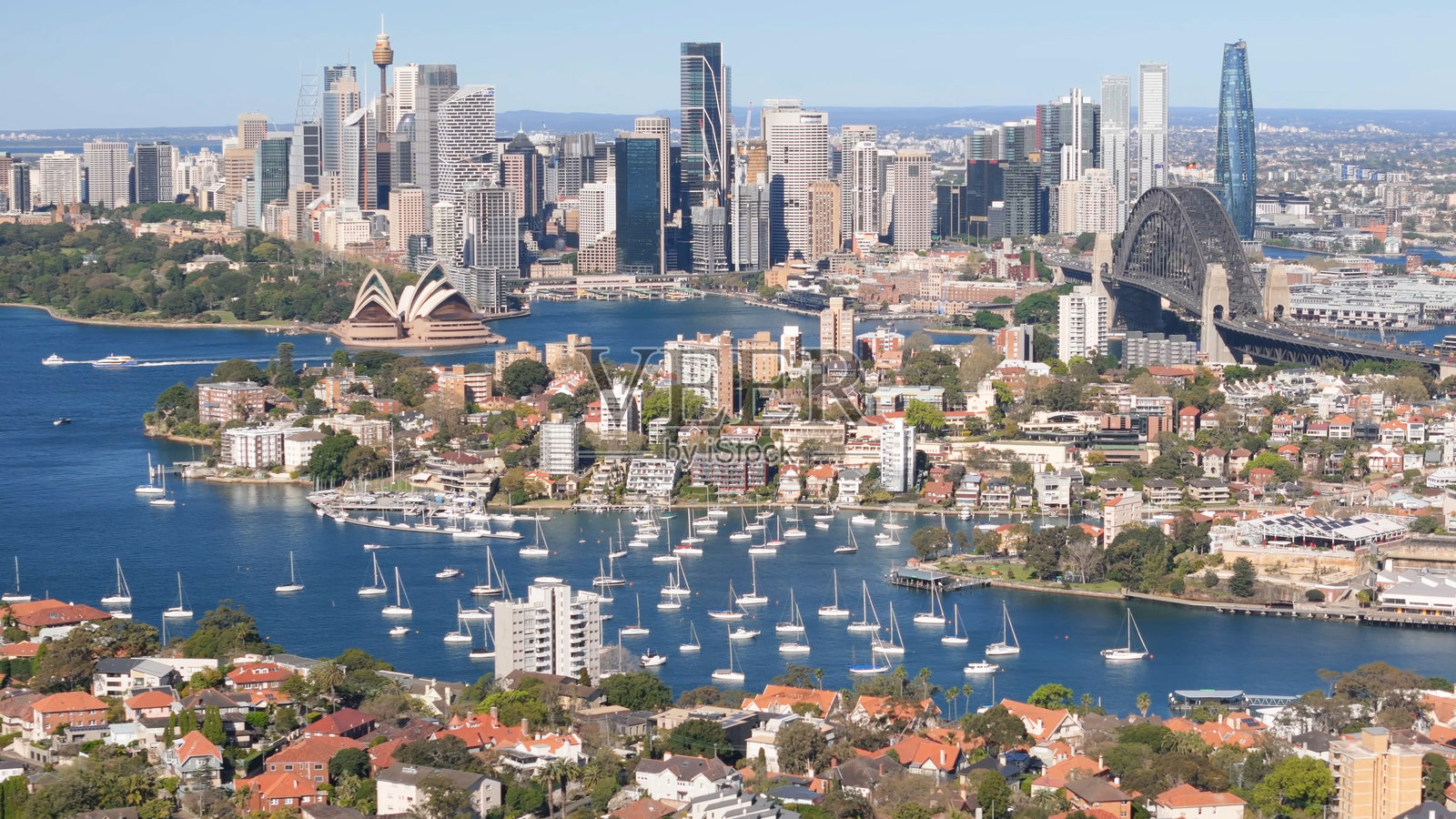 2024年8月,悉尼市、悉尼港和海港大桥的航拍视角,俯瞰米尔森角,新南威尔士州,澳大利亚。照片摄影图片