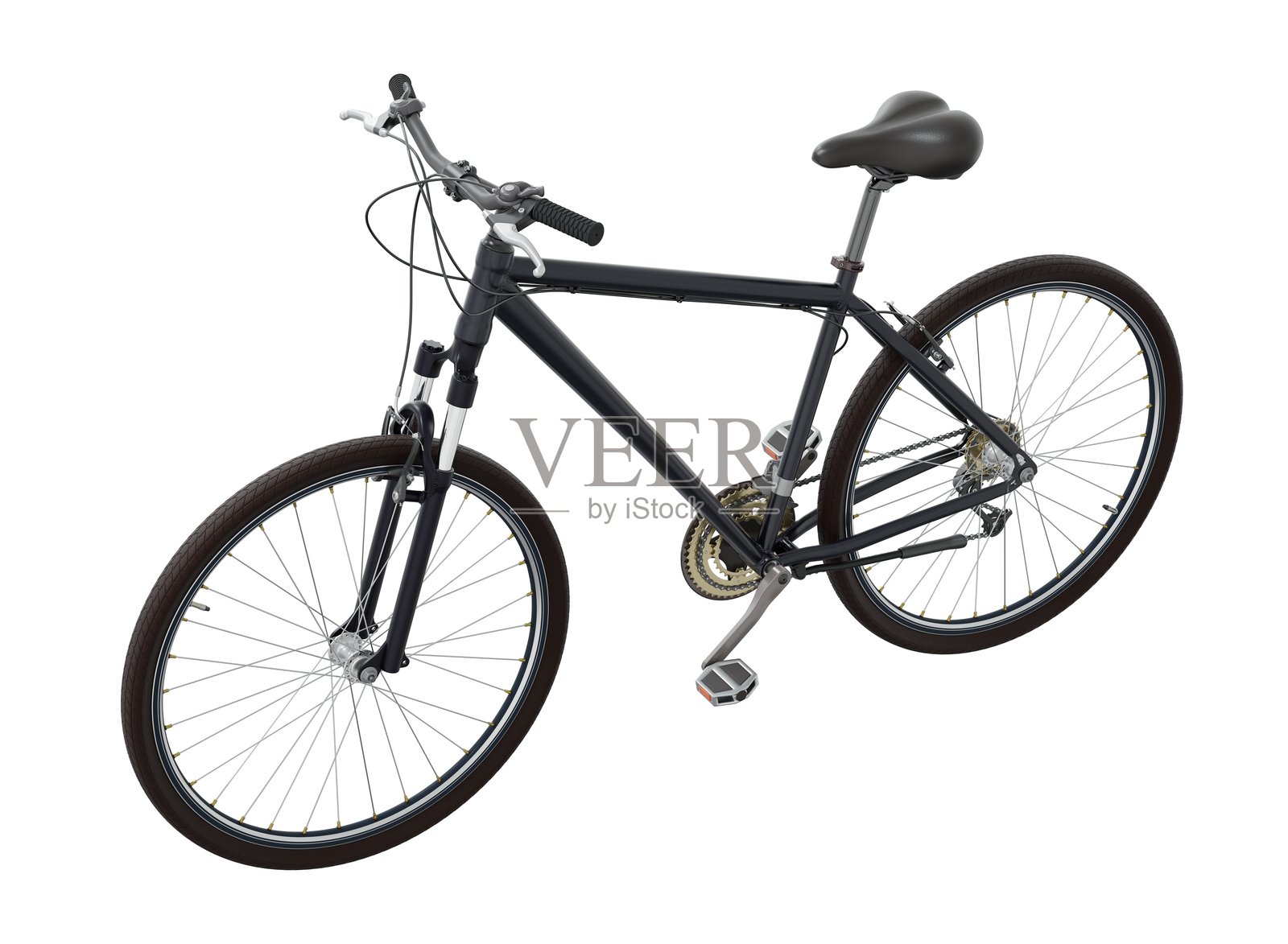 黑色自行车,侧上视图,孤立在白色背景上,3D插图照片摄影图片