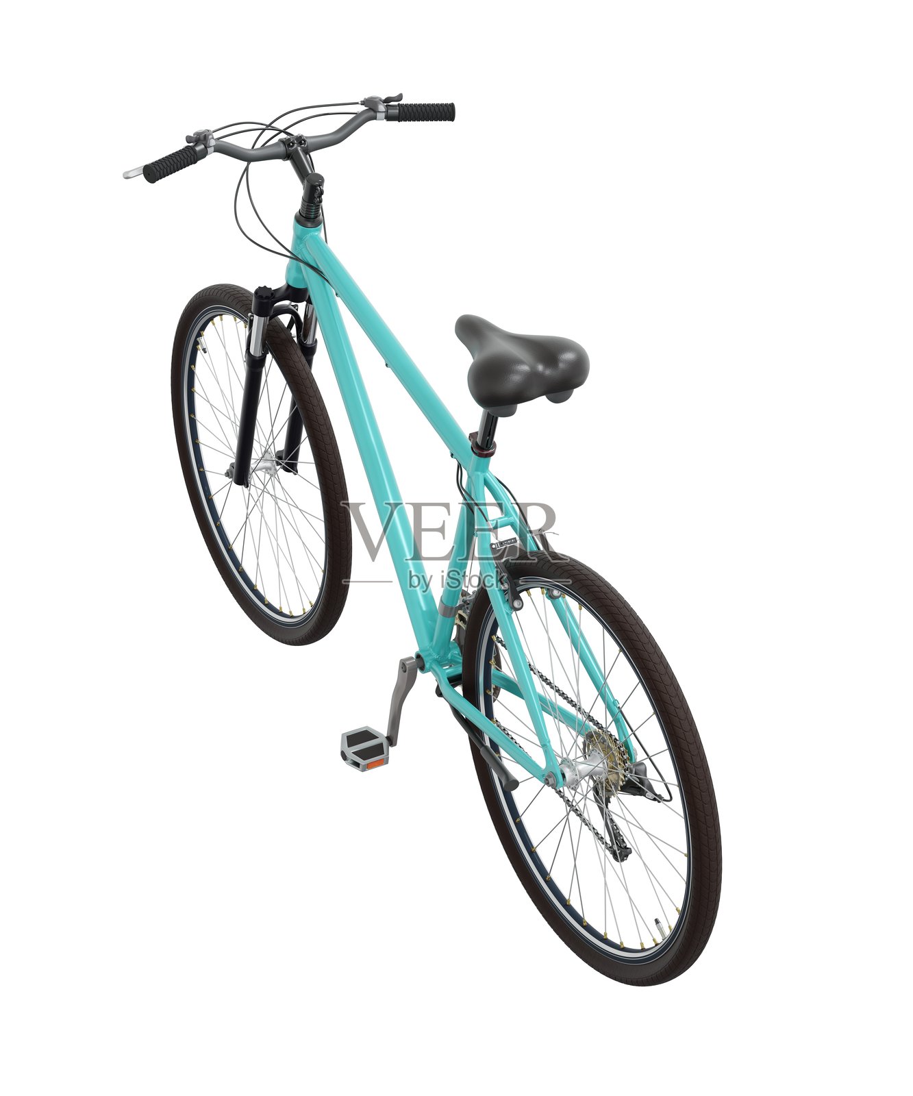 蓝绿色自行车,侧上视图,孤立在白色背景上,3D插图照片摄影图片