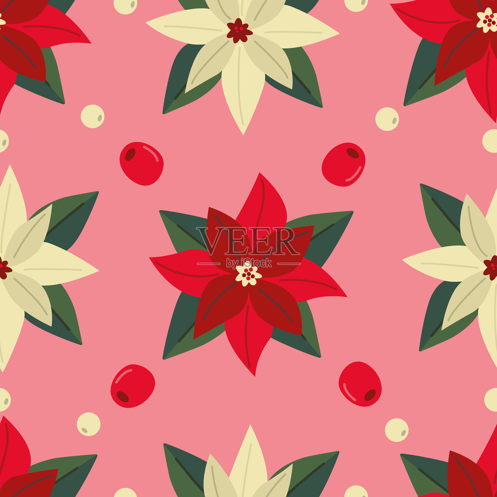 圣诞红无缝图案。粉色背景上的圣诞星植物。冬季花卉背景。圣诞装饰。插画图片素材