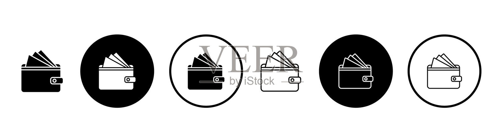 钱包图标集。黑色线条风格。货币图标。金融图标。矢量插图。插画图片素材