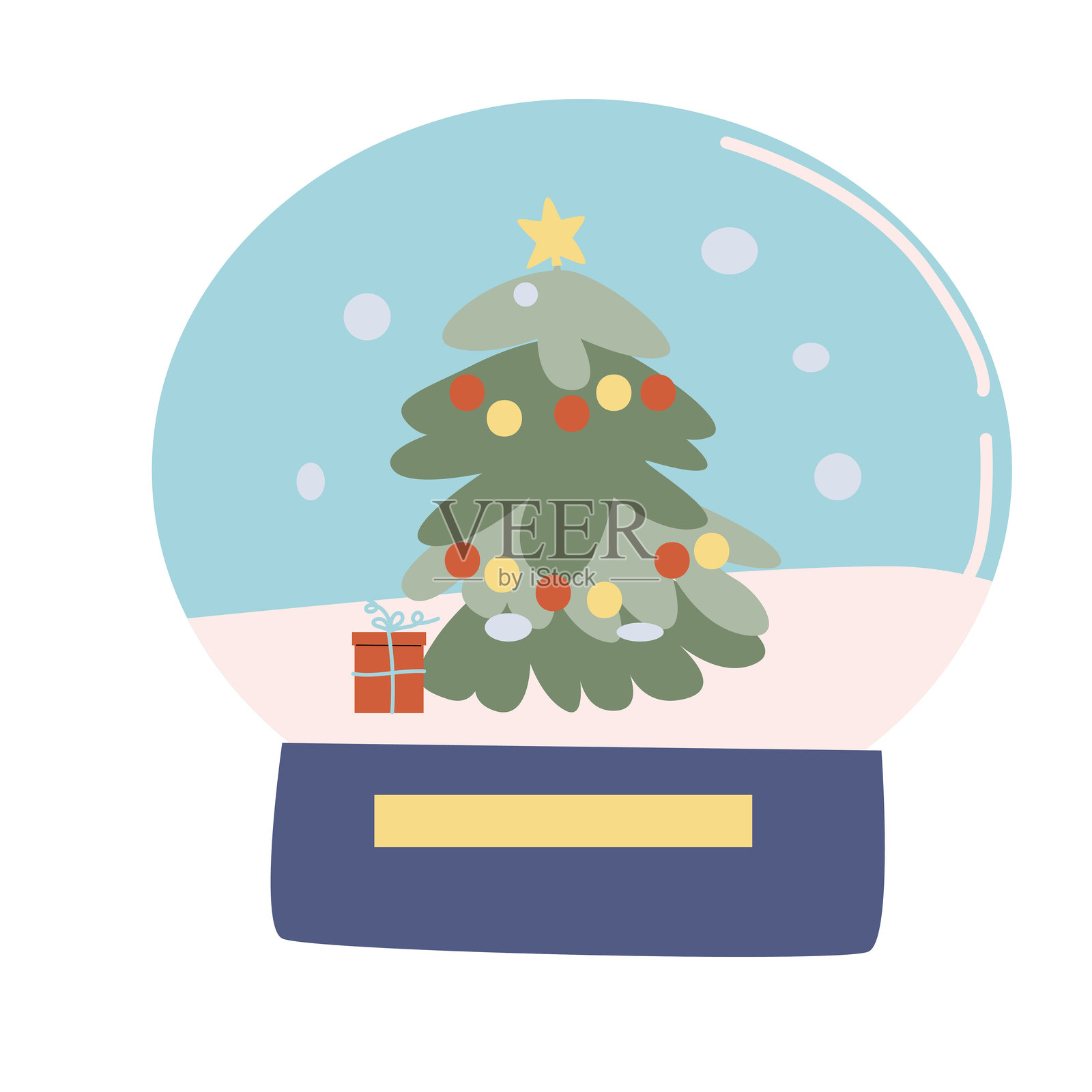 雪花球。魔幻圣诞球 - 平面卡通玻璃球,里面有玩具、圣诞树和礼物。插画图片素材