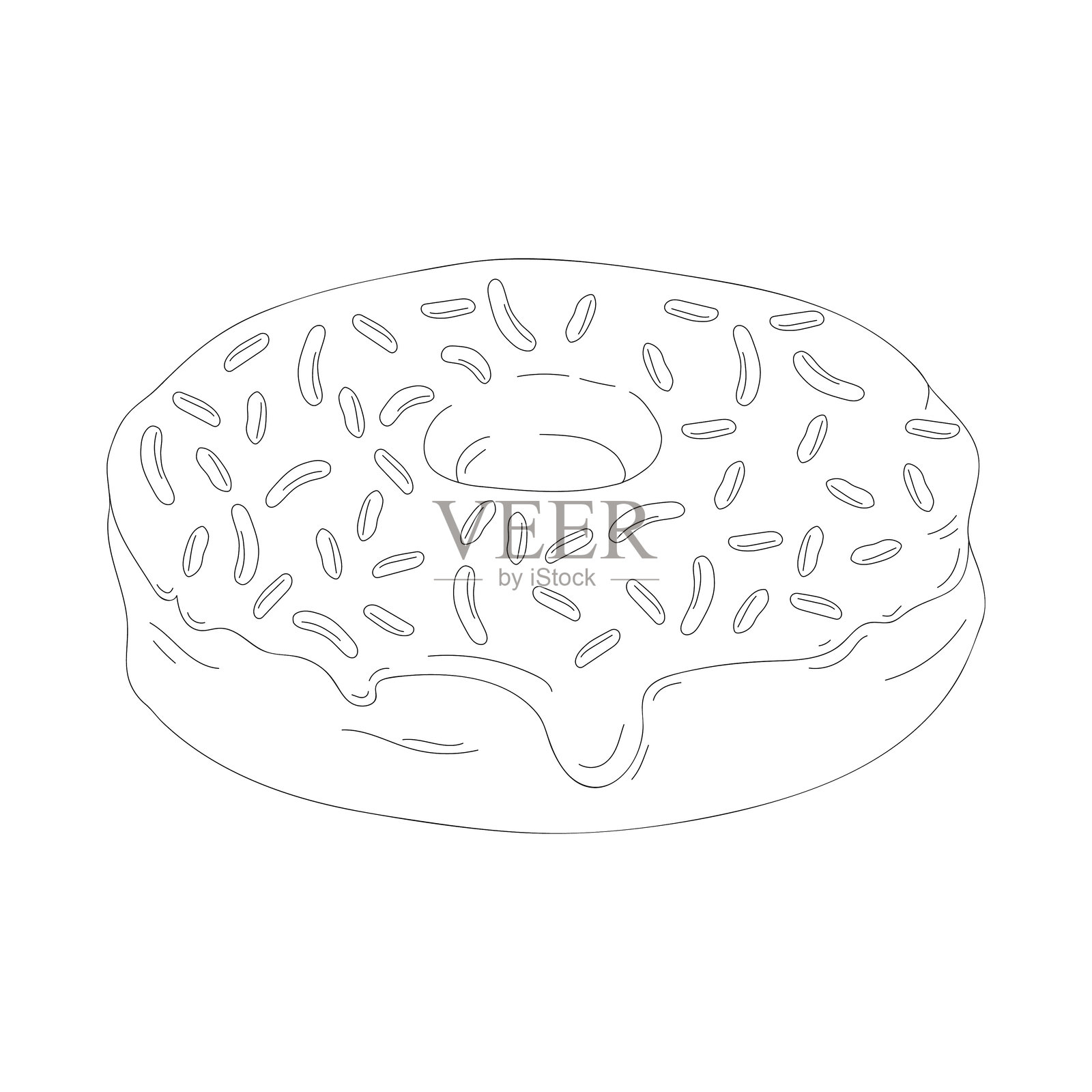 手绘巧克力顶端的甜甜圈。面包产品的矢量插图。黑白绘图适用于菜单、包装和标签。插画图片素材