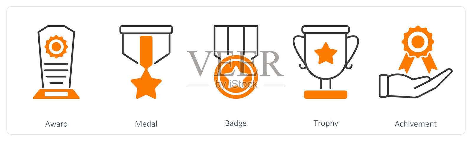 一组5个奖项图标,包括奖杯、奖牌和徽章插画图片素材