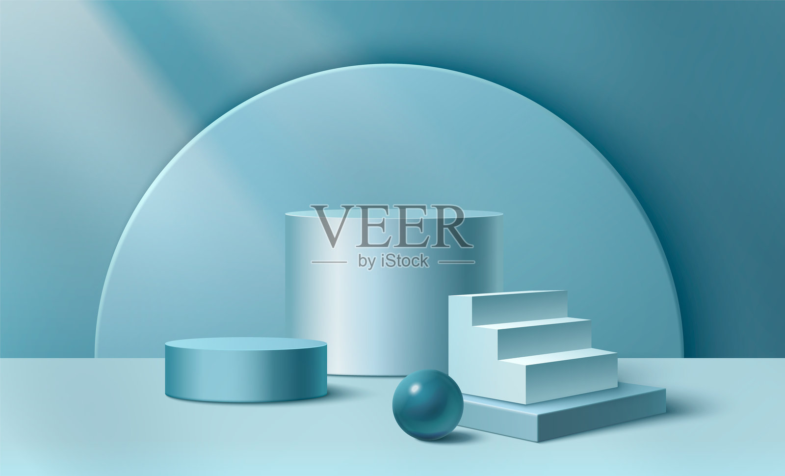 蓝色背景上的3D楼梯和圆柱形讲台插画图片素材