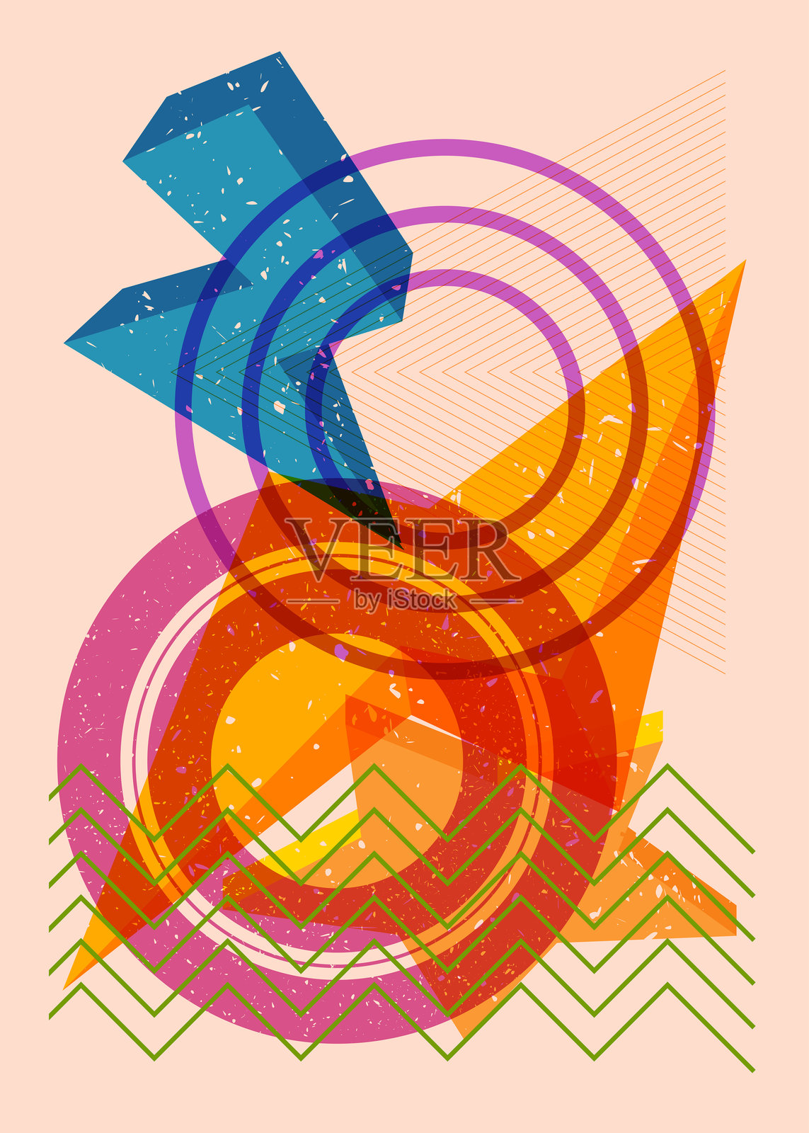 繁忙的多彩几何形状。时尚的Riso图形设计中的物体。几何元素的抽象Riso印刷纹理风格。插画图片素材