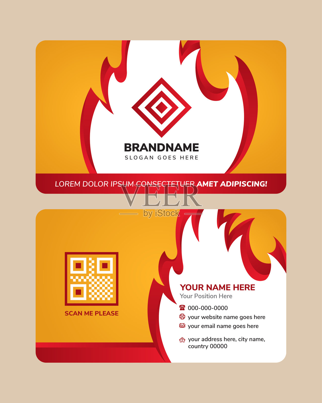 横向布局的名片设计,背景为黄色,白色火焰形状用于文本空间和符号,呈现抽象几何风格。插画图片素材