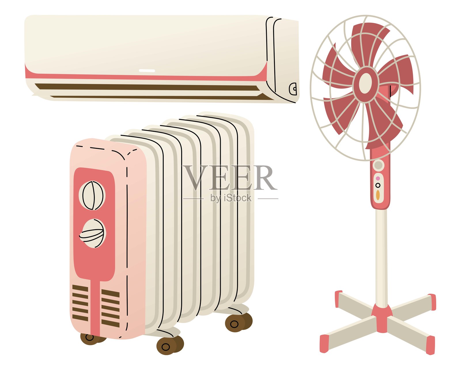 室内气候控制设备套件。地板风扇、空调和加热器。室内空气的冷却和加热。在炎热天气和寒冷天气中的救星。矢量插图插画图片素材