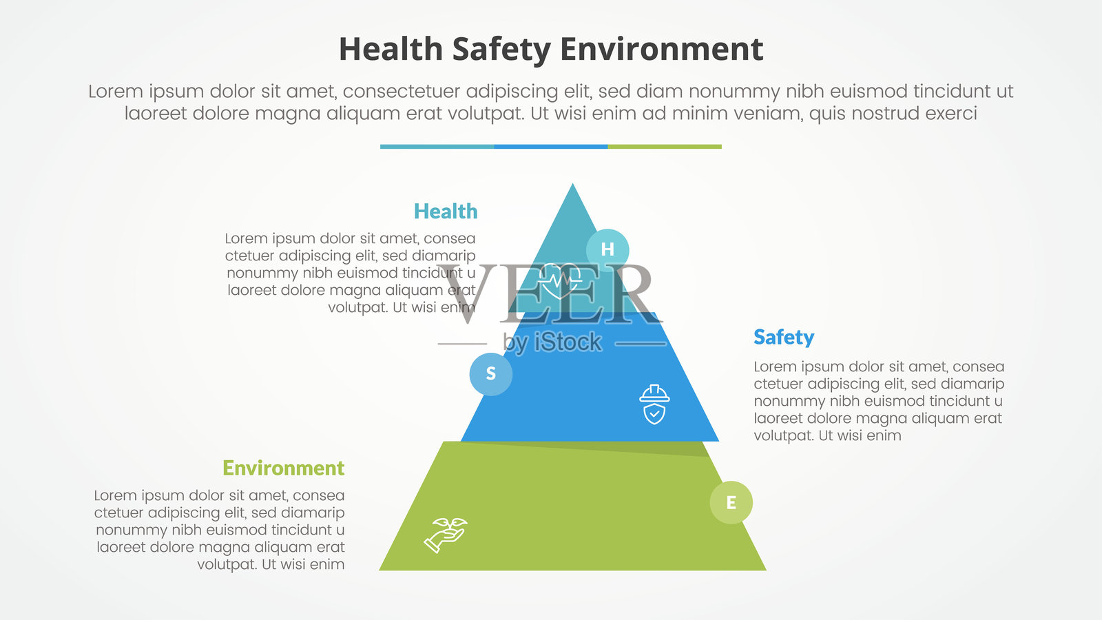 HSE信息图表概念,用于幻灯片演示,包含金字塔切片分割移动摇摆,带有平面风格的三点列表插画图片素材