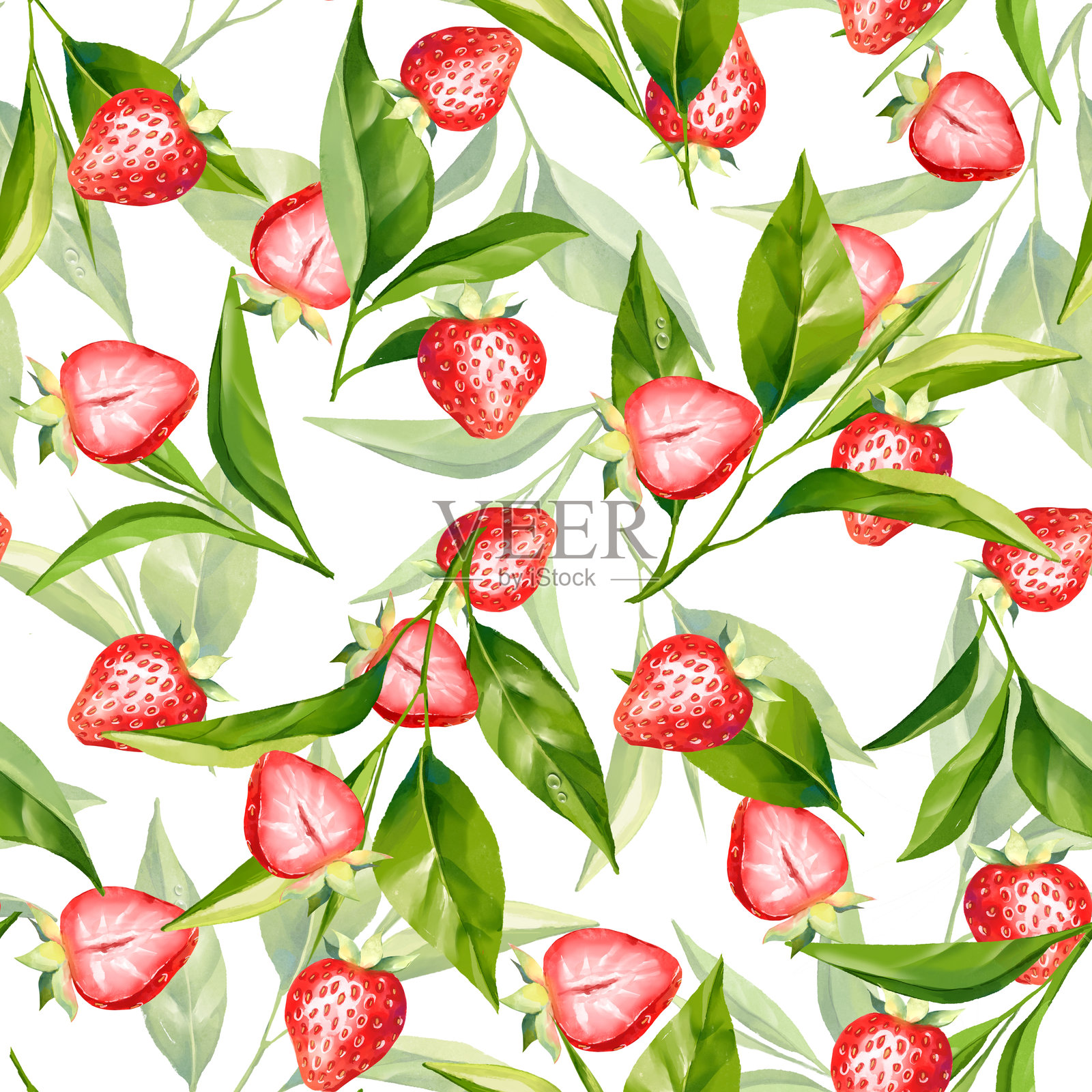 无缝茶叶与草莓图案。花卉背景。插画图片素材
