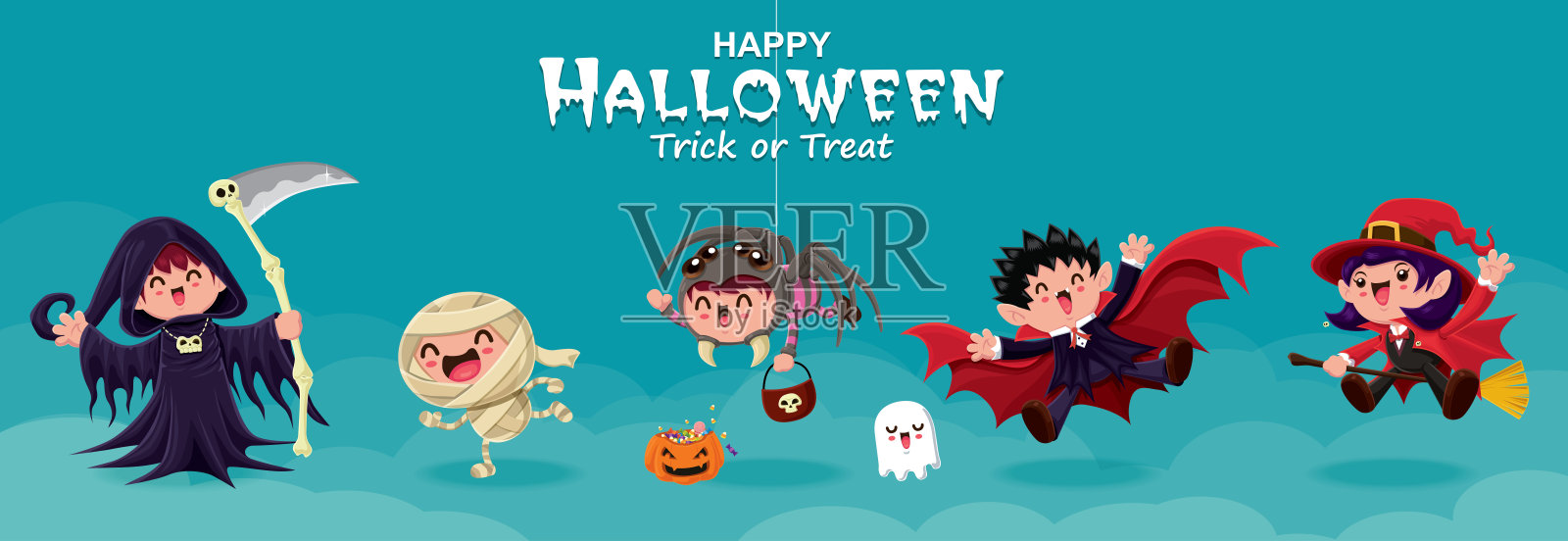 复古万圣节海报设计,包含矢量死神、女巫、恶魔、蜘蛛、鬼魂、吸血鬼、女巫、木乃伊、僵尸和怪物角色。插画图片素材