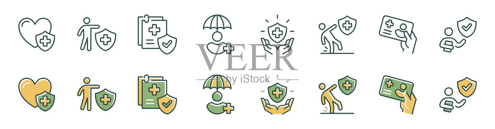 人们健康人寿保险图标矢量集,安全盾牌医疗保障政策,带有十字标志的插图,适用于网页和应用程序。插画图片素材