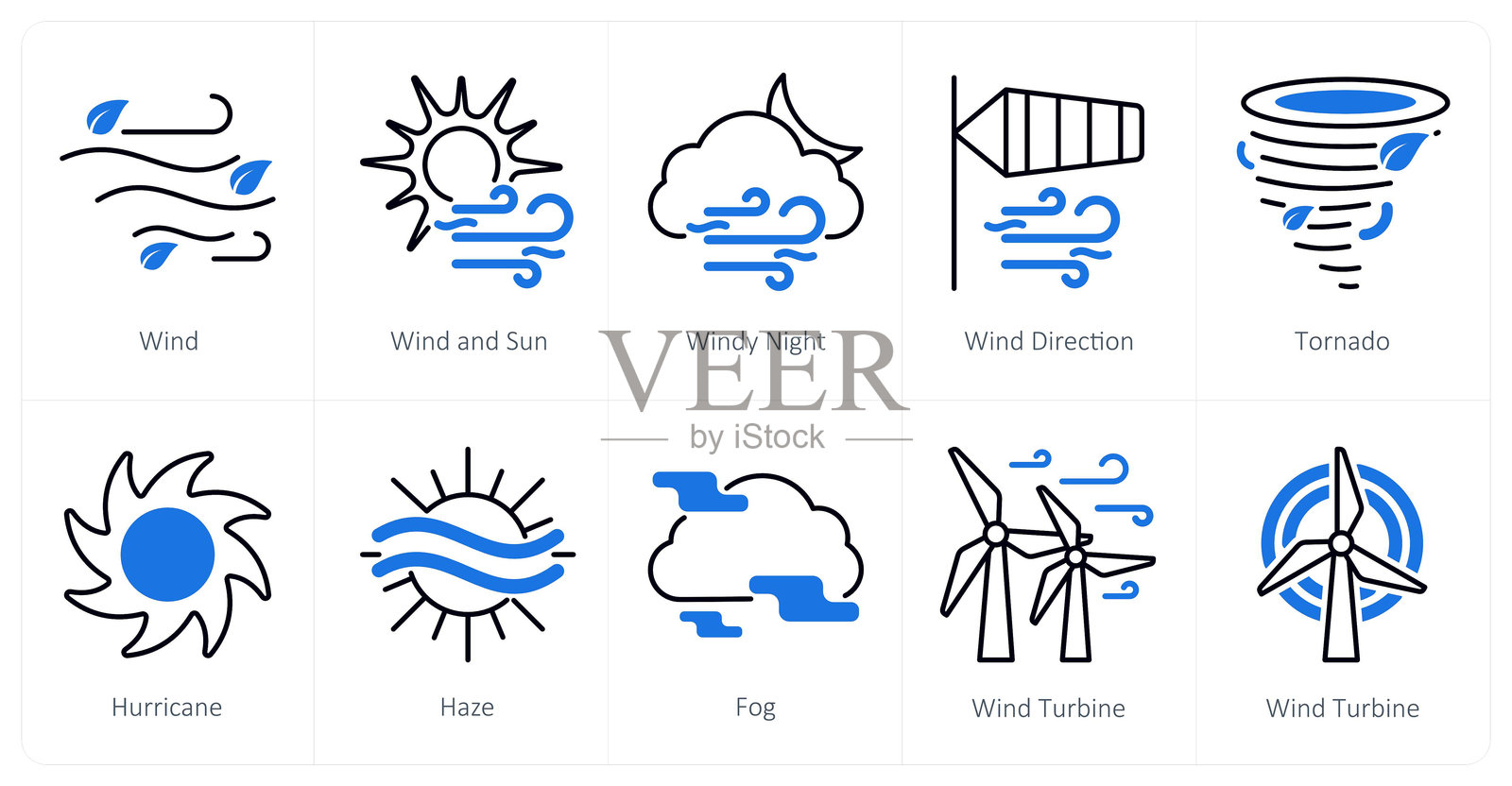 一组10个天气图标,包括风、风和阳光、风夜插画图片素材