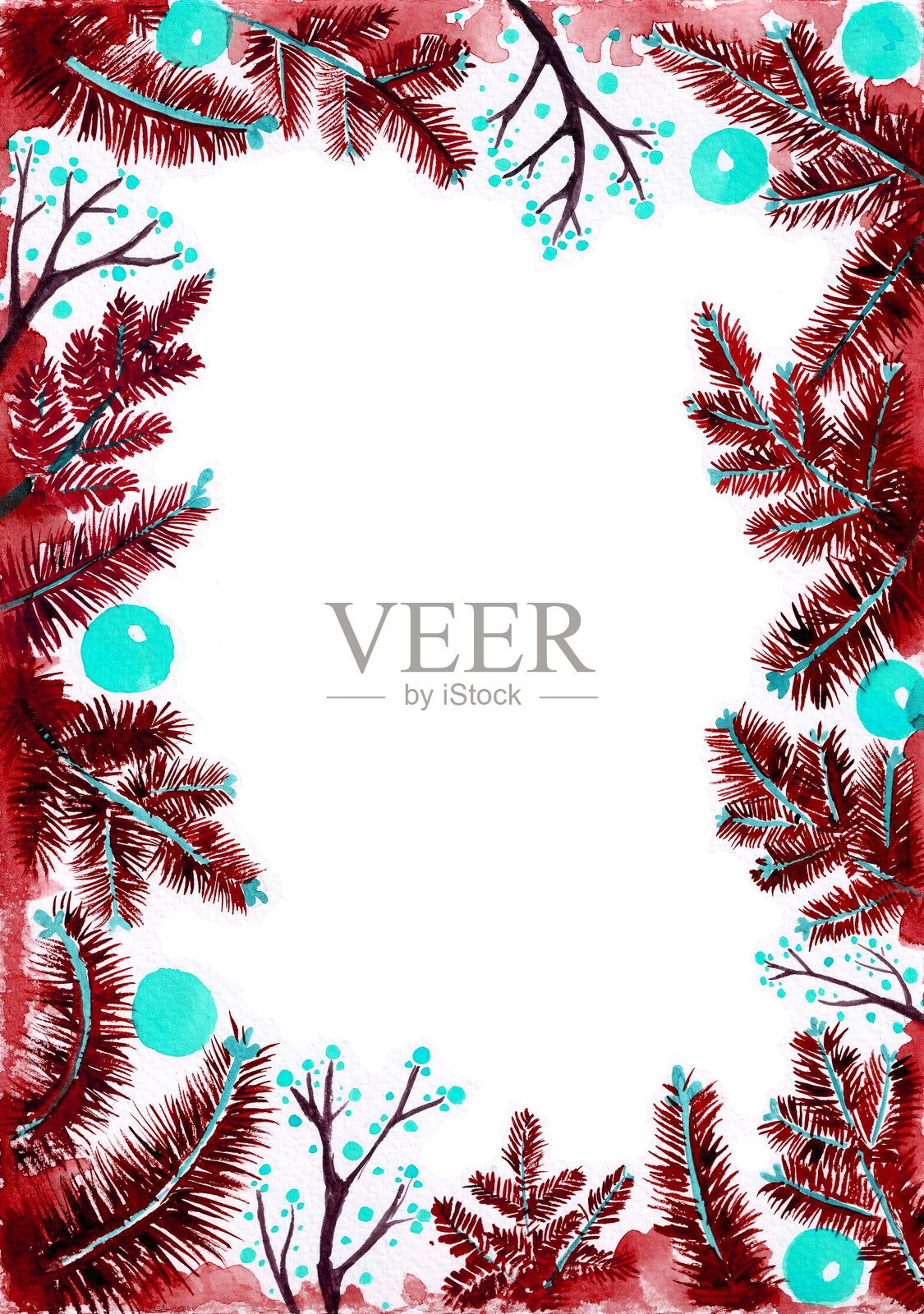 松枝和装饰的框架。红色和靛蓝色。白色空白区域。水彩画。竖版。圣诞节。插画图片素材
