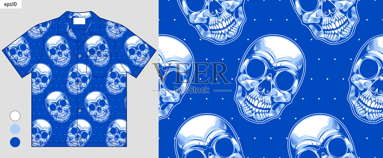 夏威夷衬衫模型与蓝色骷髅漫画无缝图案插画图片素材