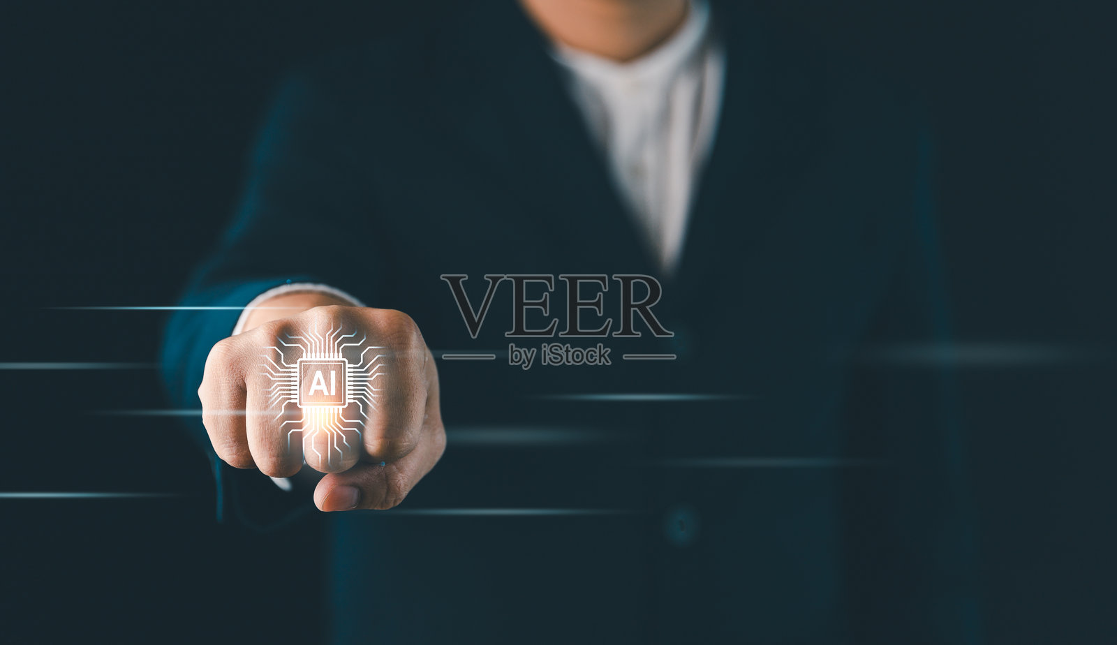 人工智能技术概念,利用人工智能技术作为商业发展和竞争的工具,以商人的拳头为代表,未来主义的技术改造照片摄影图片