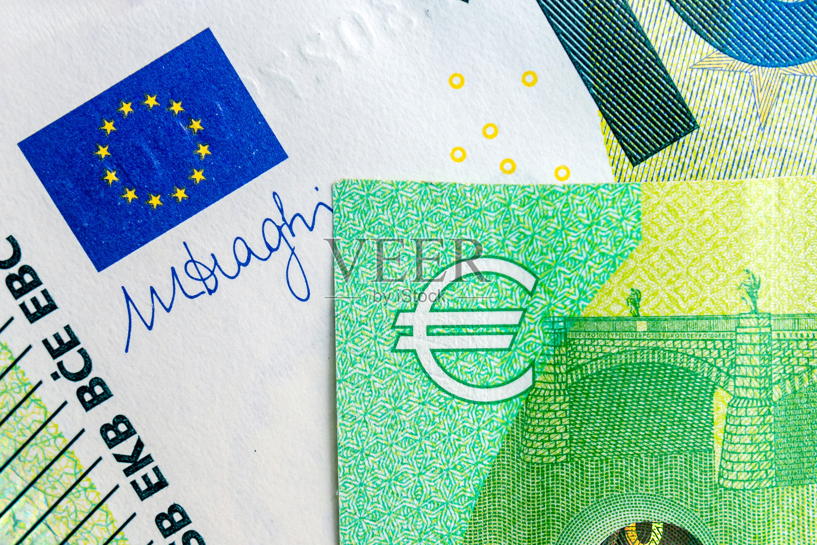 部分欧元货币背景,欧盟货币标志。照片摄影图片