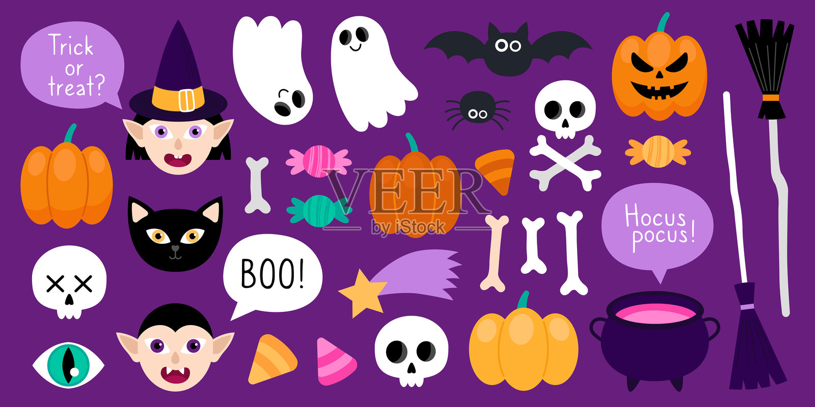 收集神奇的万圣节插图。可爱的卡通元素为万圣节设计。插画图片素材