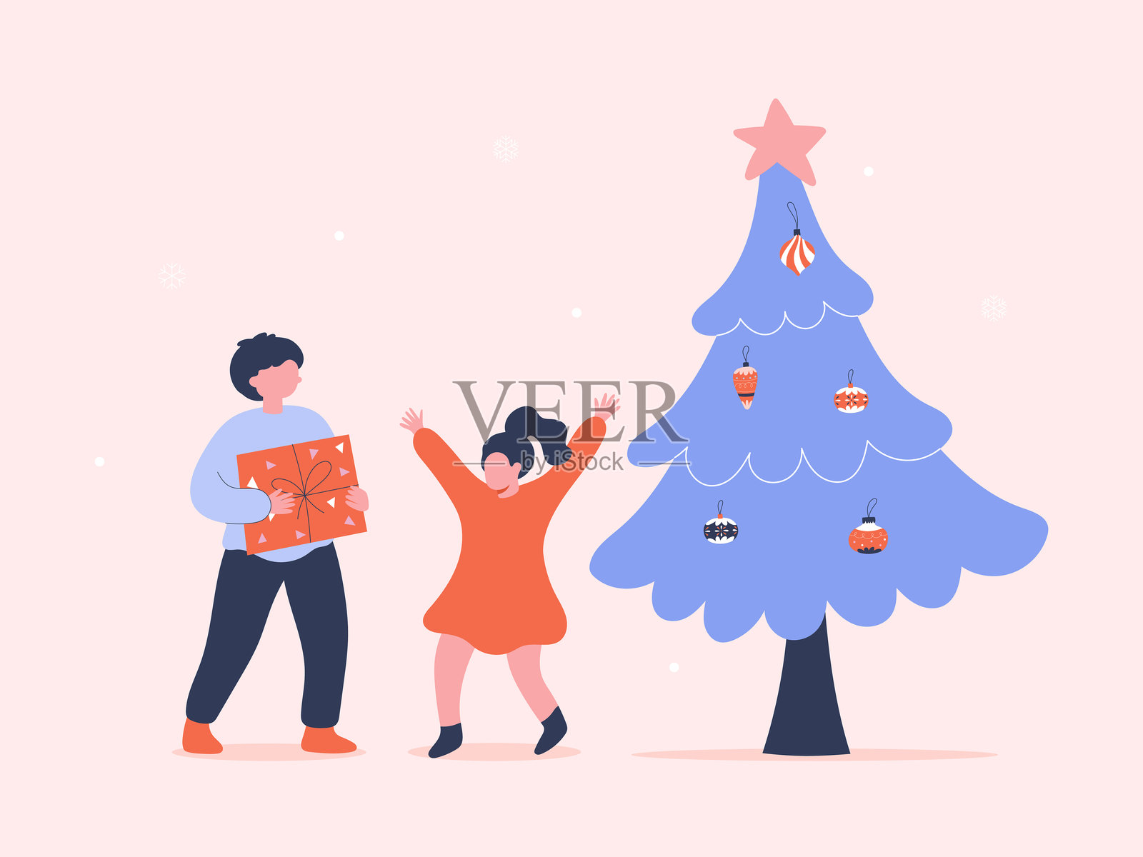 孩子们在一棵装饰过的圣诞树旁庆祝圣诞节插画图片素材