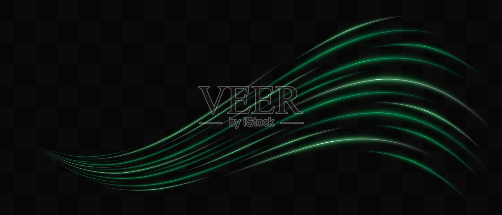 曲线状绿色霓虹灯效应,孤立于黑色背景上。流动的波浪状发光线条,具有抽象设计。反射光的图形斑块。镜头光晕。矢量插图。插画图片素材