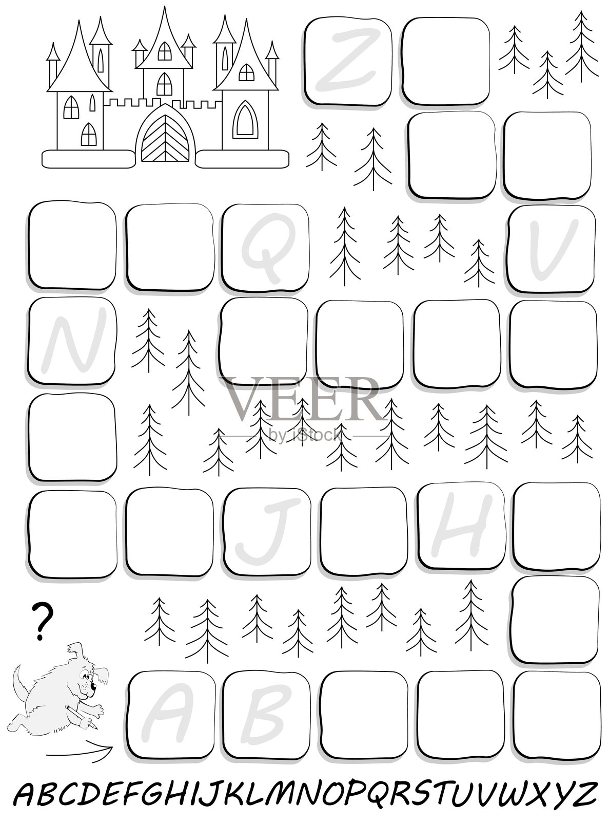 黑白儿童练习册,包含学习英语字母的练习。需要在相关位置绘制缺失的字母。培养写作和阅读技能。矢量图像。插画图片素材