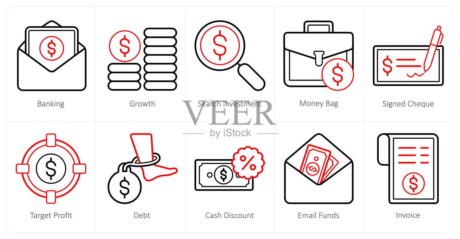 一组10个金融和货币图标,包括银行、增长、搜索投资等主题插画图片素材