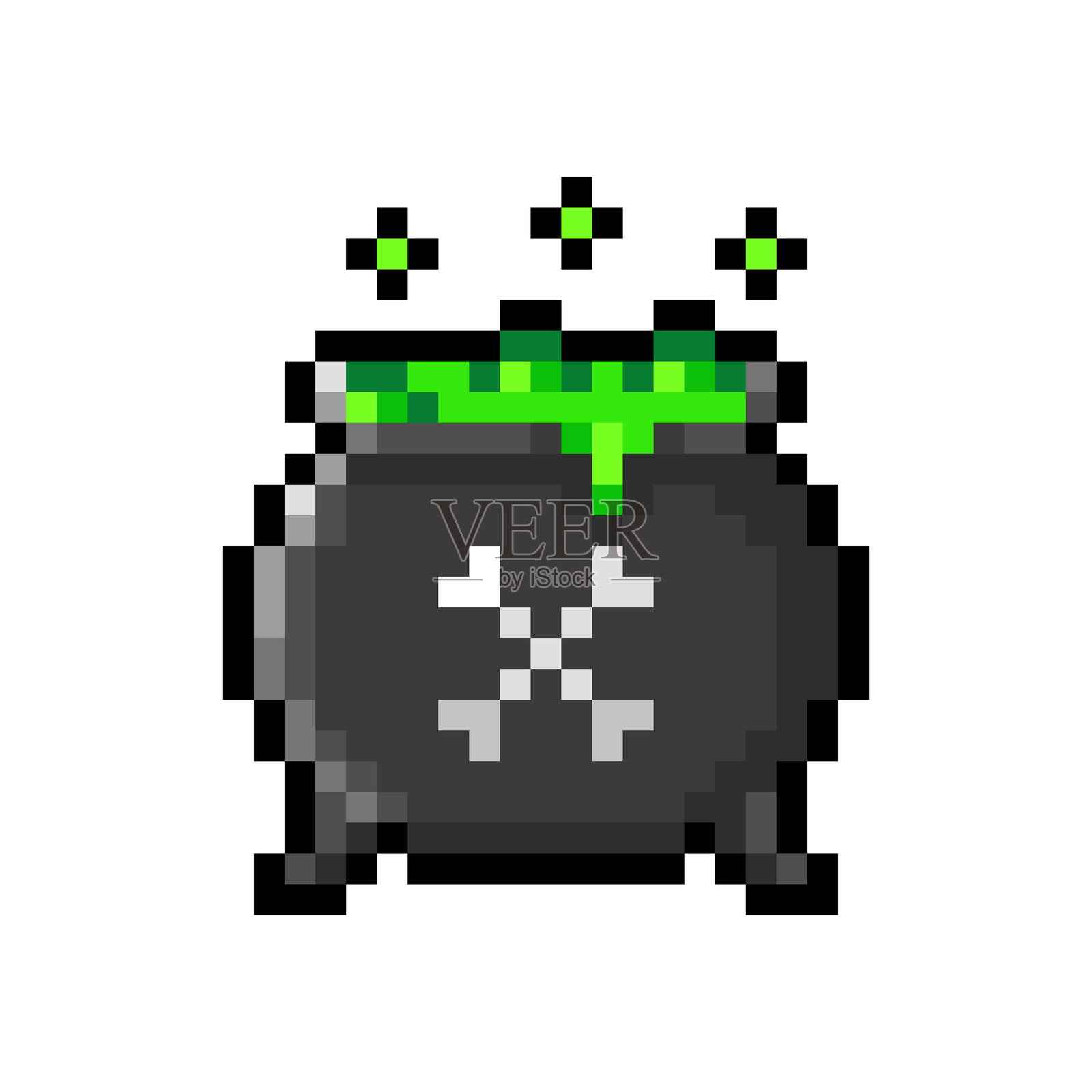 带有冒泡绿色液体的女巫锅,背景透明。煮沸魔法药水的图标。万圣节装饰。16位复古风格的像素艺术插图。插画图片素材