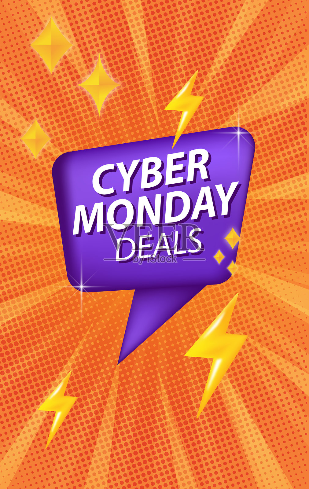 竖版网络星期一促销广告模板:紫色语音气泡,橙色波普风格背景插画图片素材