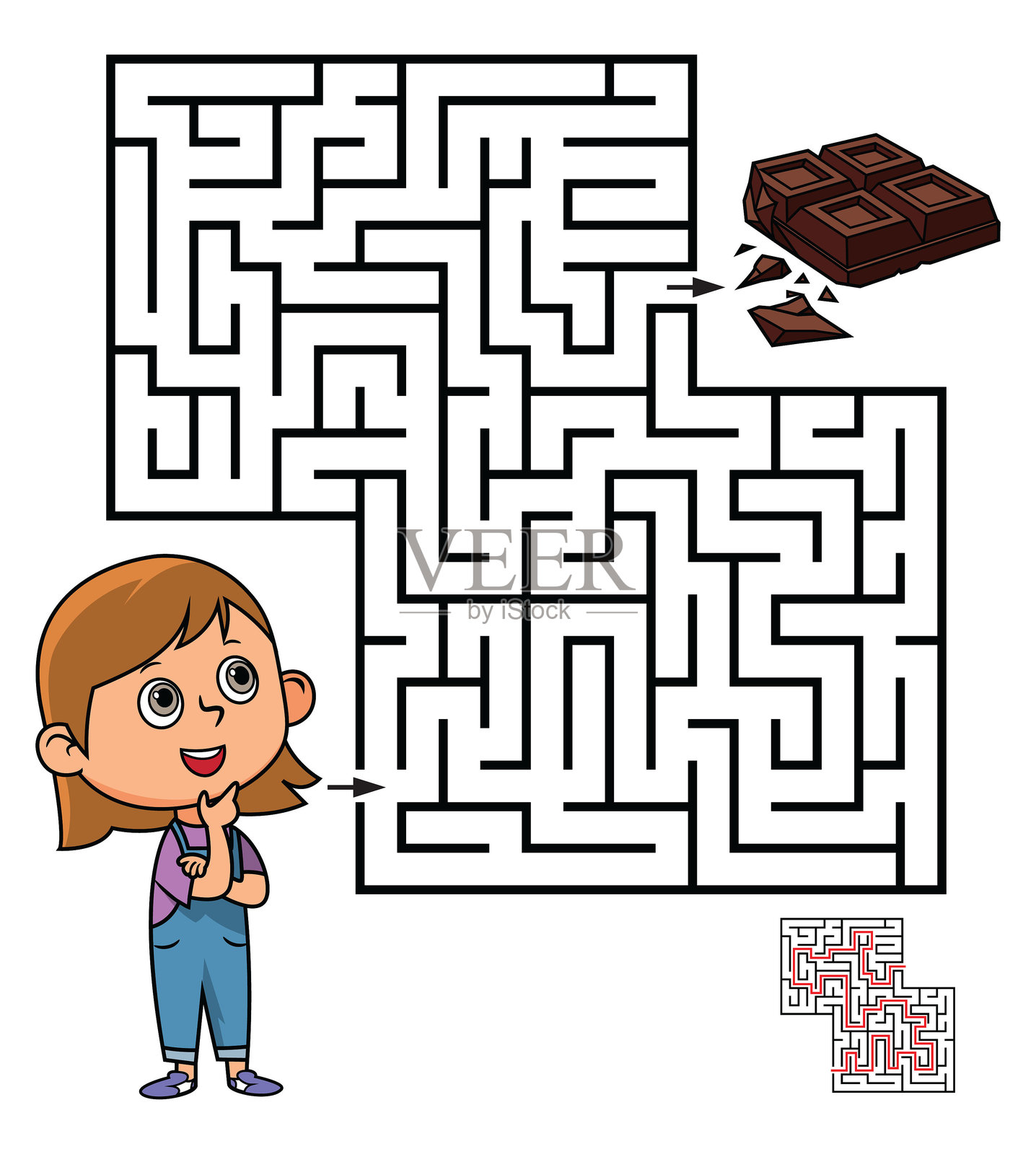儿童迷宫矢量图。小女孩和巧克力插画图片素材
