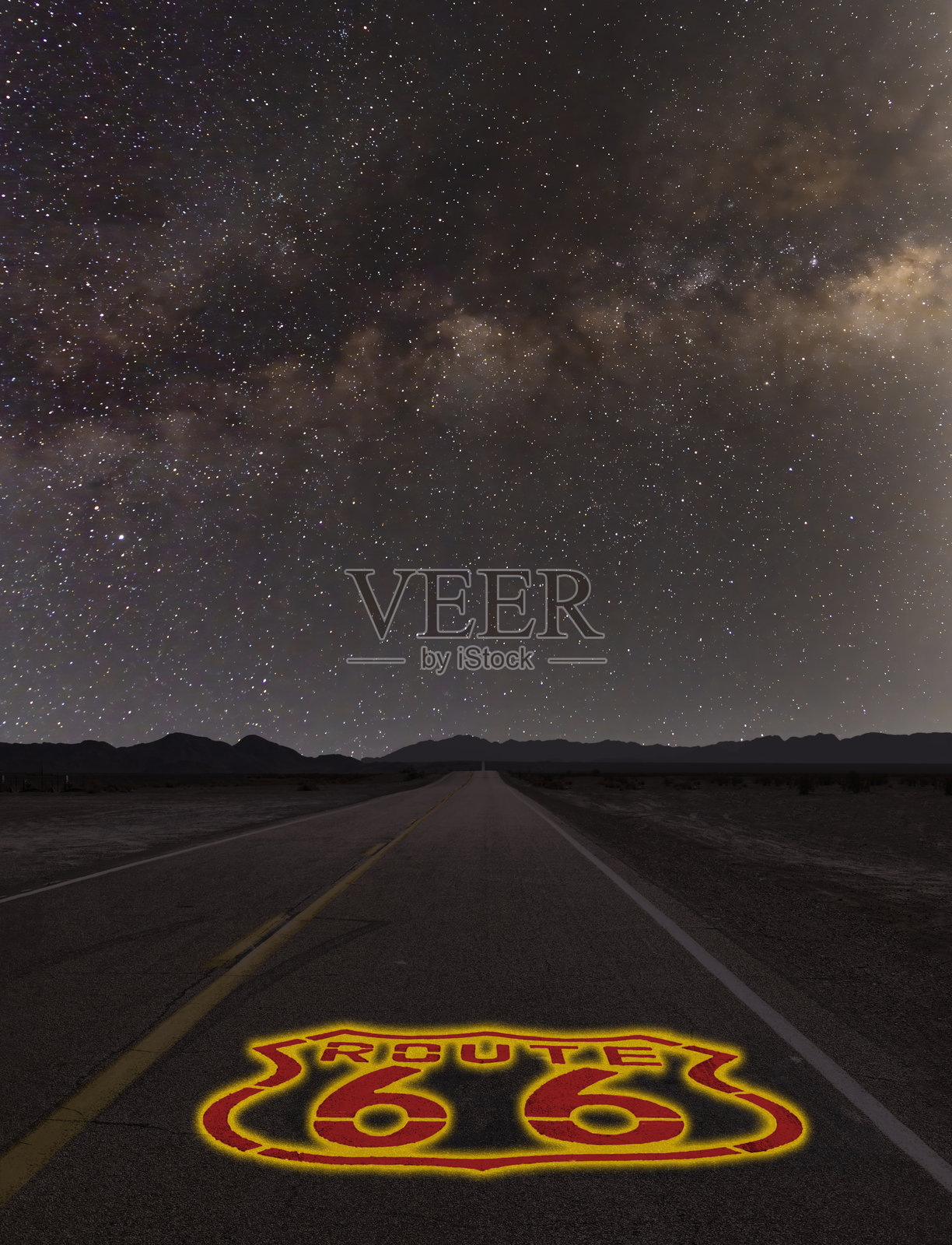 66号公路标志 - 星光闪烁,红色发光照片摄影图片